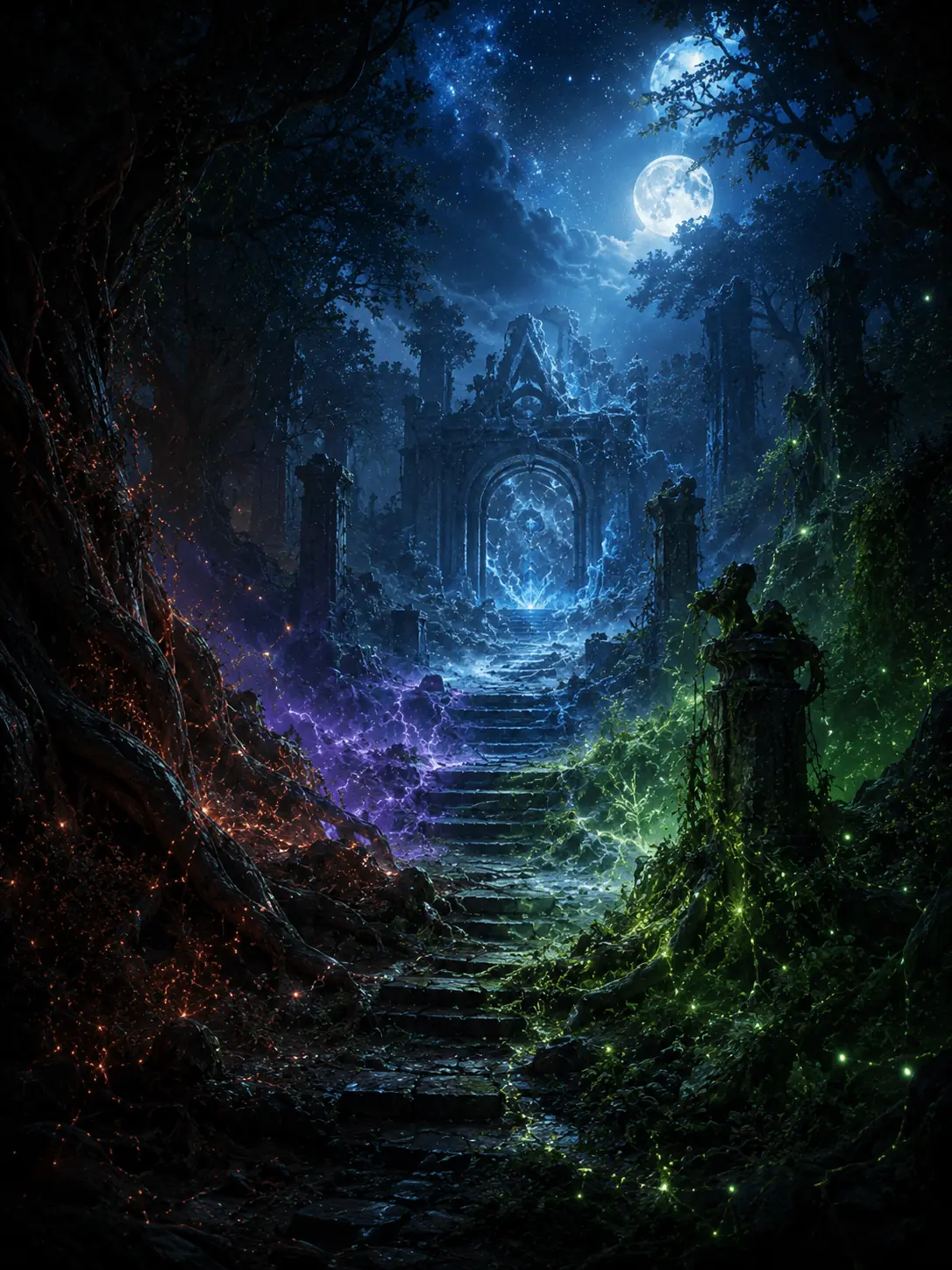 繁星照耀的深夜森林，呈現魔法冒險章節場景